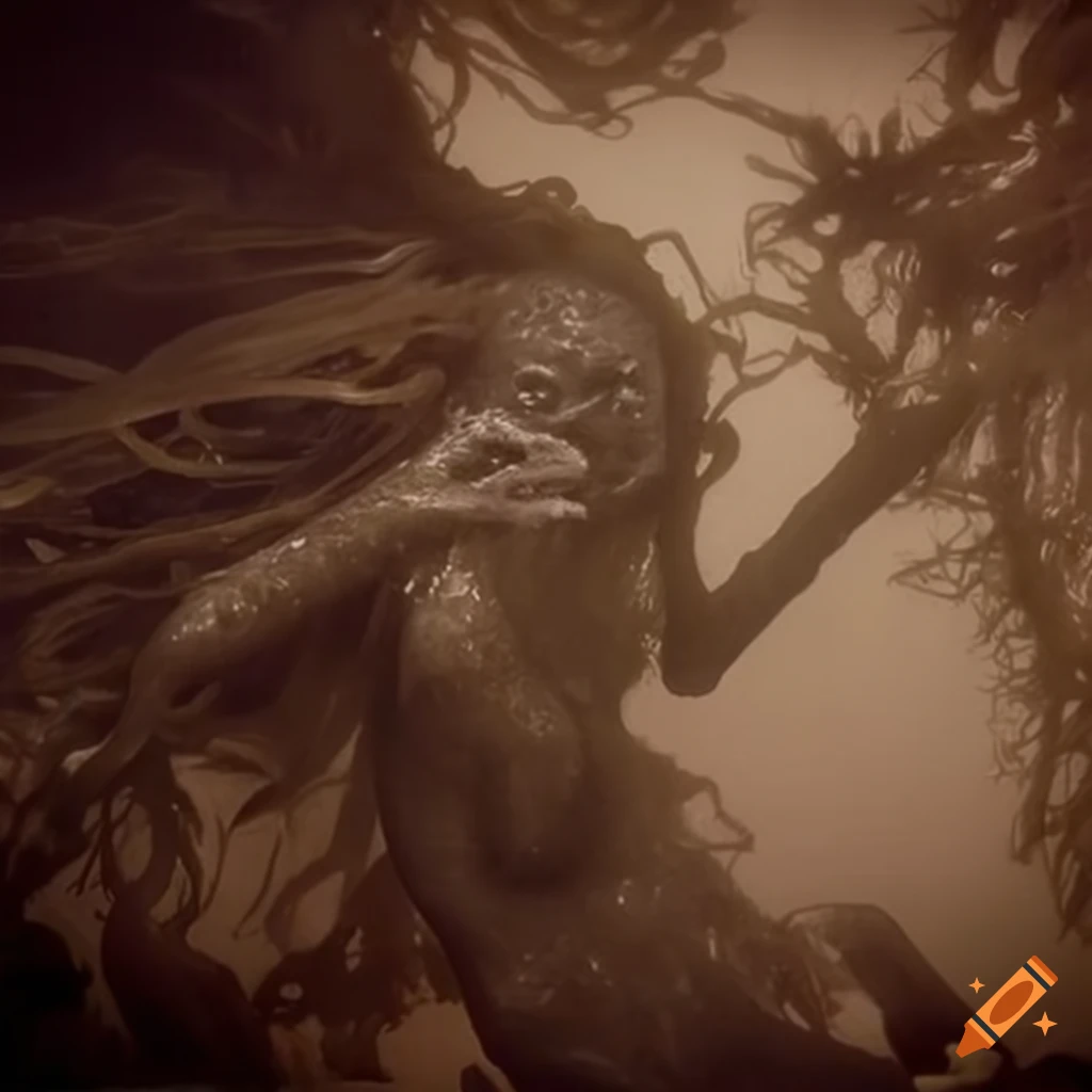 sepia-toned image of a mummified mermaid in underwater scene