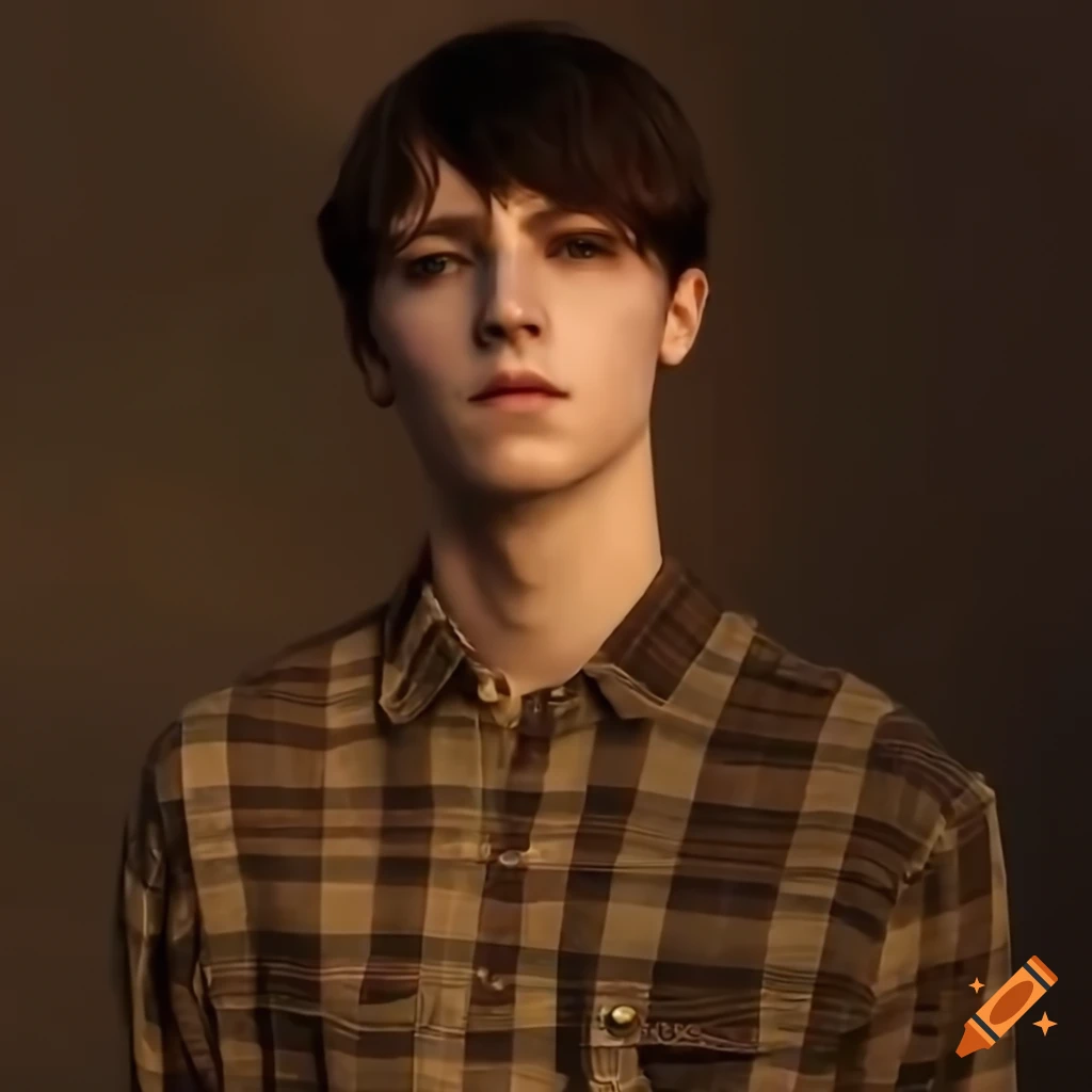 Man with brown hair, grey eyes, wearing plaid shirt and black t-shirt ...