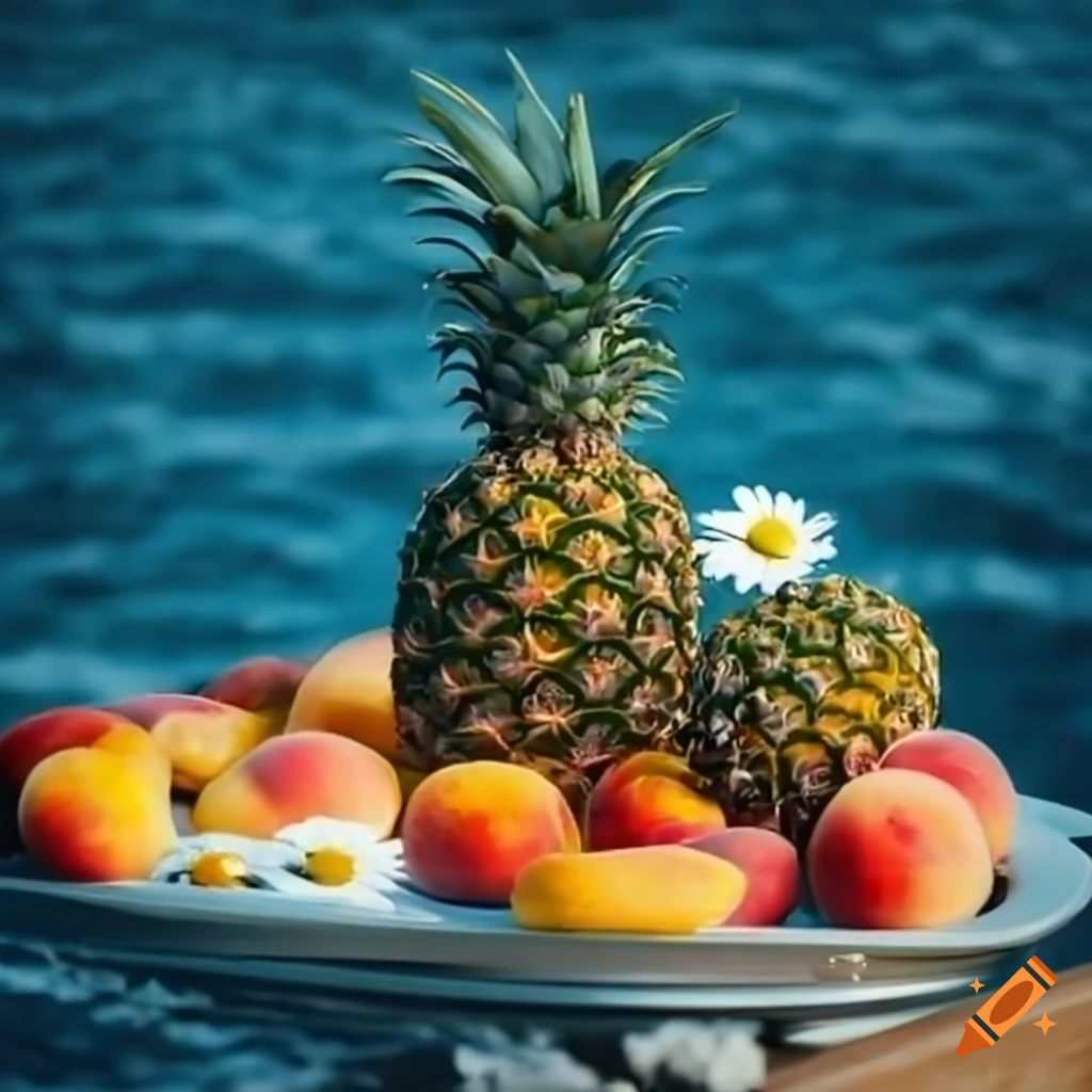 yacht with a table full of fruits in the sea