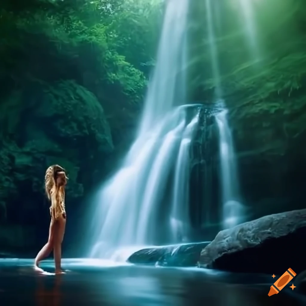 Girl standing in front of a waterfall