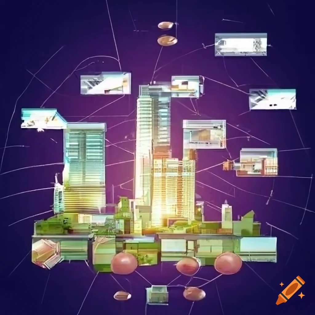futuristic cityscape with floating digital currencies