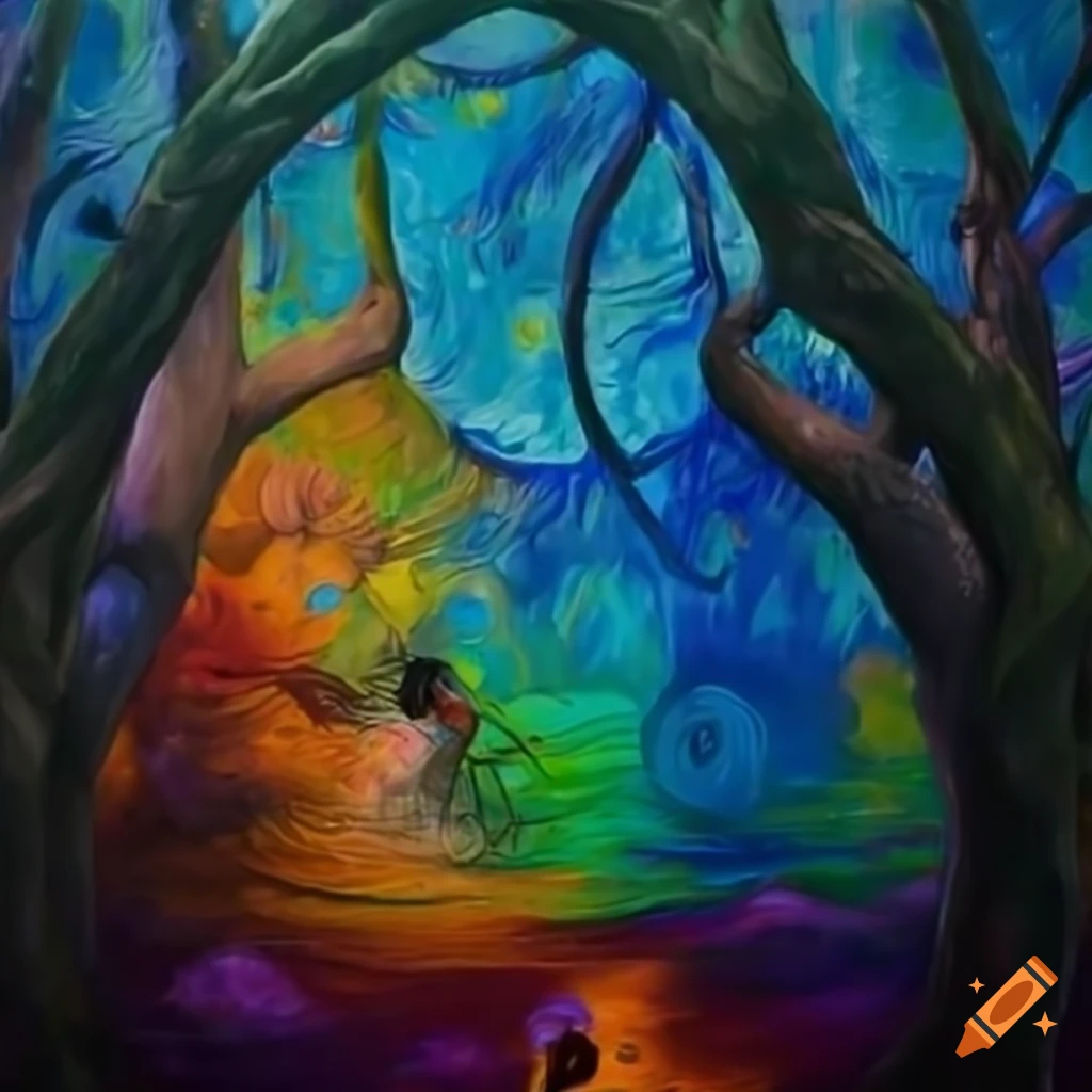 oleo painting of a family in a forest ritual with ayahuasca