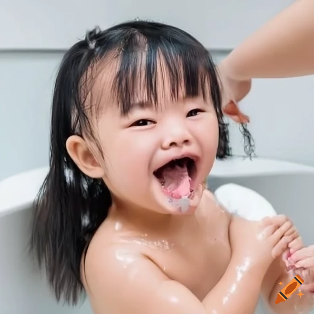 smiling Asian toddler girl enjoying bath time