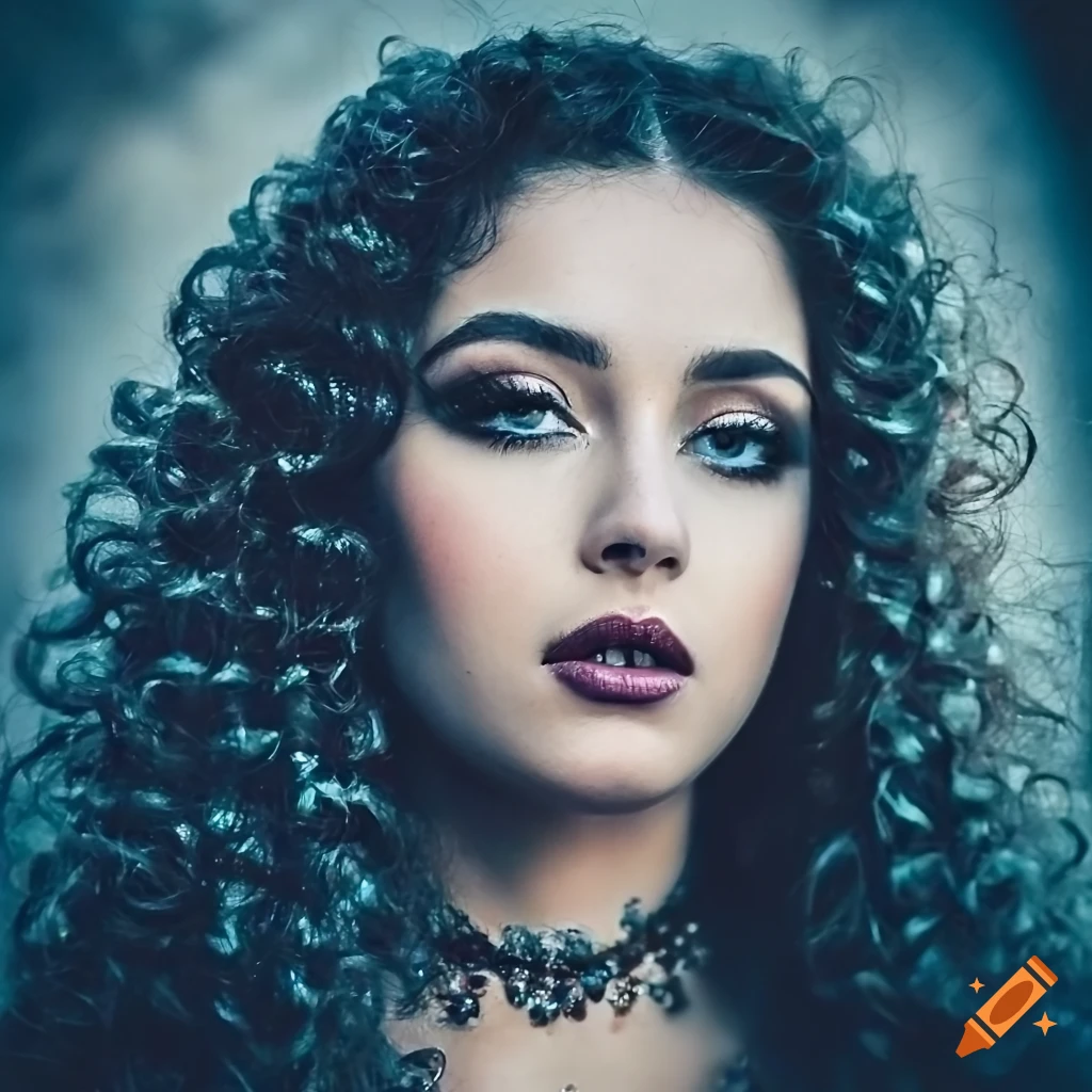 Photorealistic gothic portrait of a young woman with yellow glowing