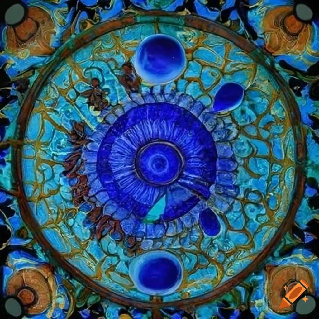 vibrant depiction of an ancient patio with sea creatures and Poseidon