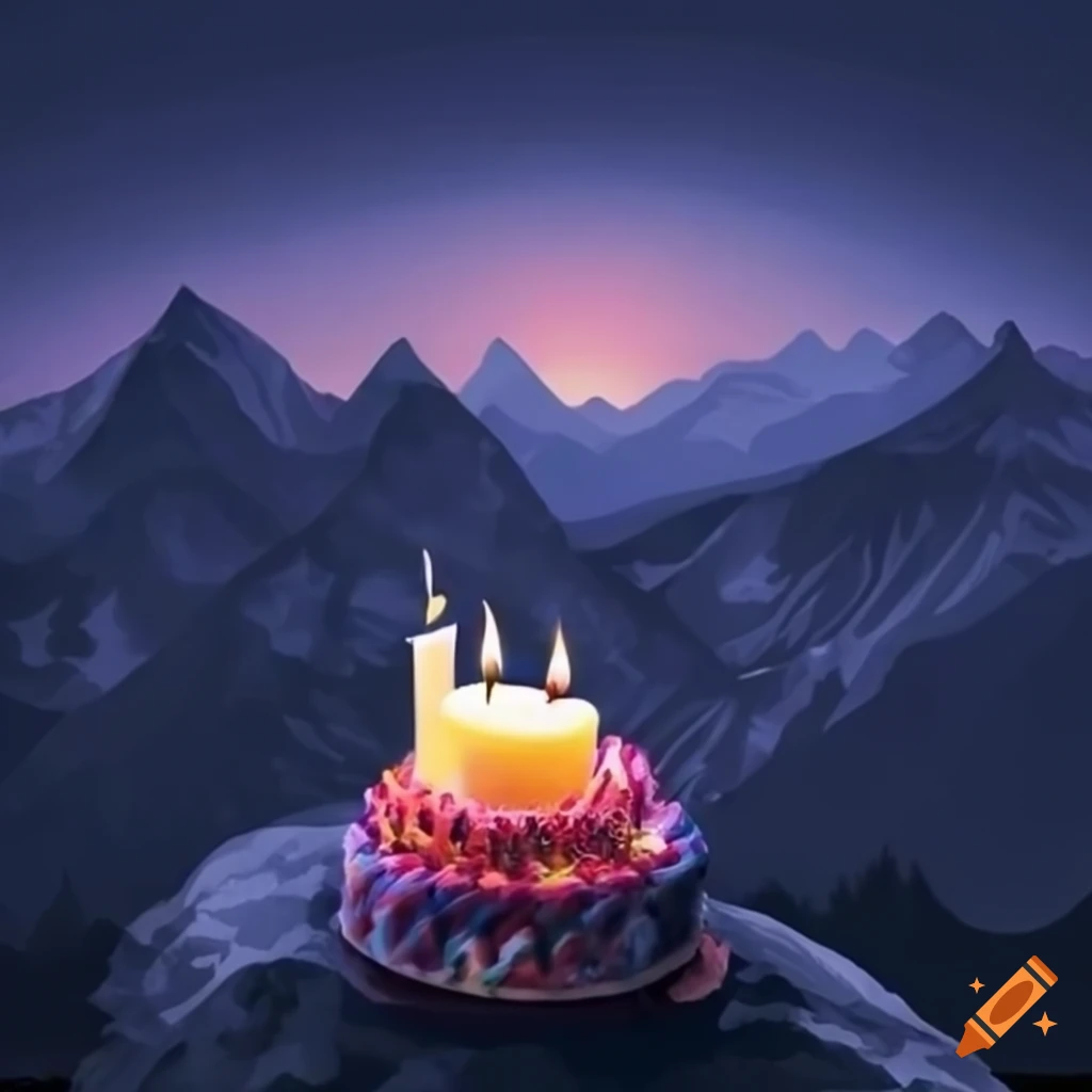 birthday card with mountain scene and dancing candle flames
