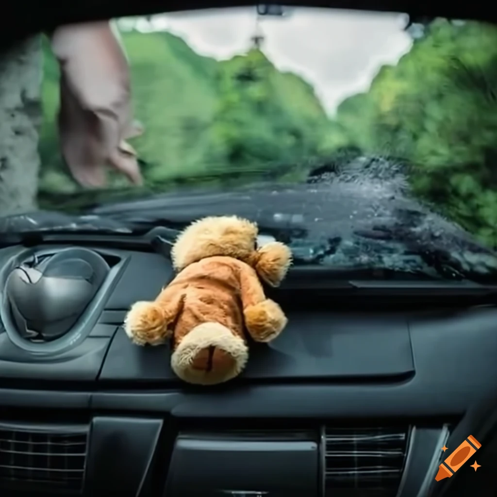 inside view of a car accident with a flying teddy bear
