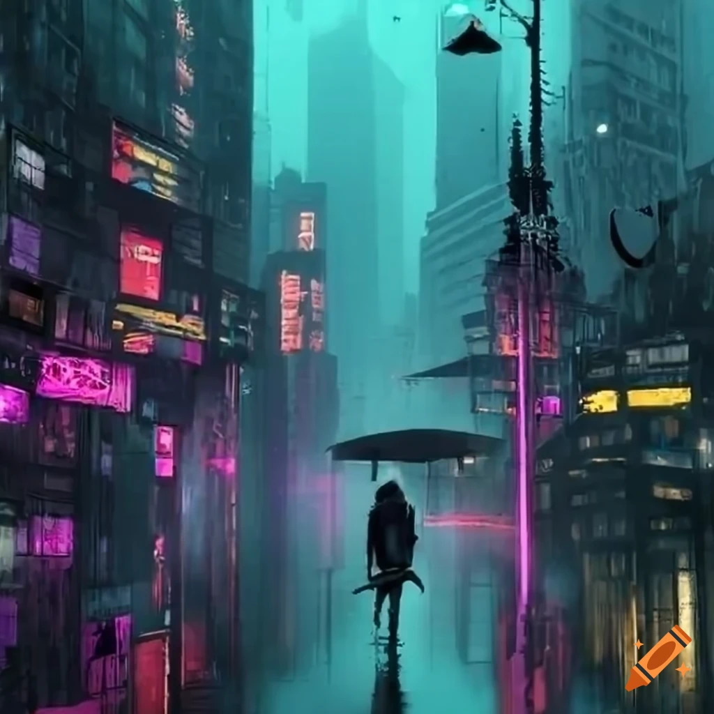 Cyberpunk cityscape in the rain on craiyon