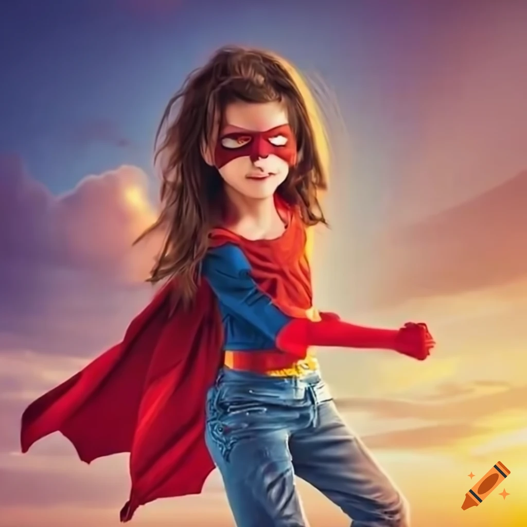 brown-haired teenage girl flying as a superhero