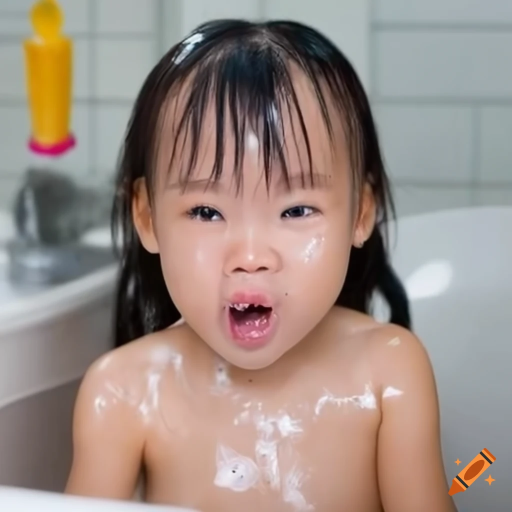 smiling toddler girl with pigtails enjoying bath time