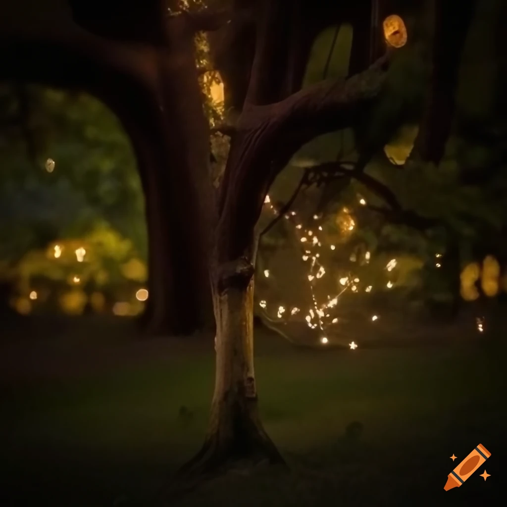 dusk scene with two trees and fairy lights