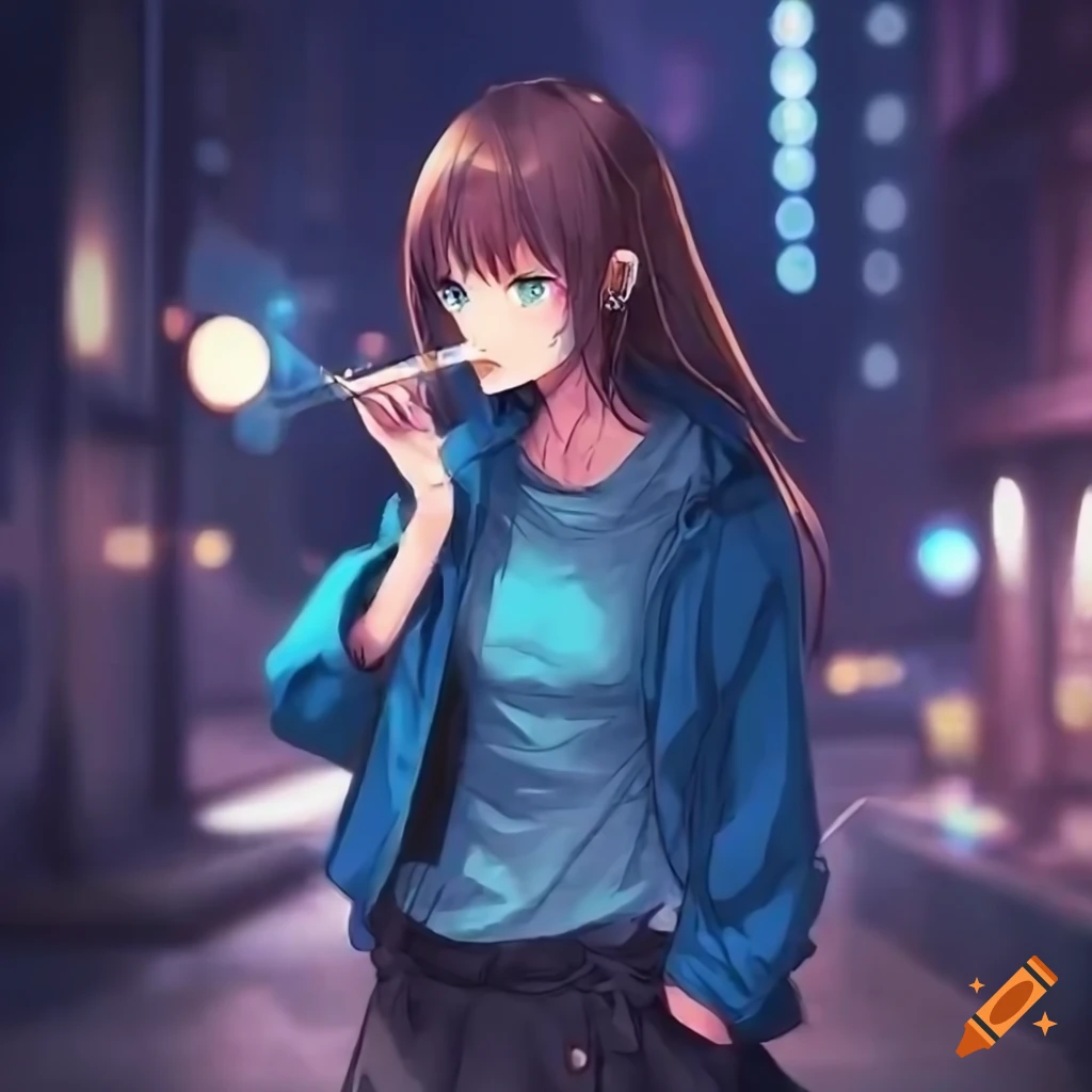Anime girl smoking on a street at night on Craiyon