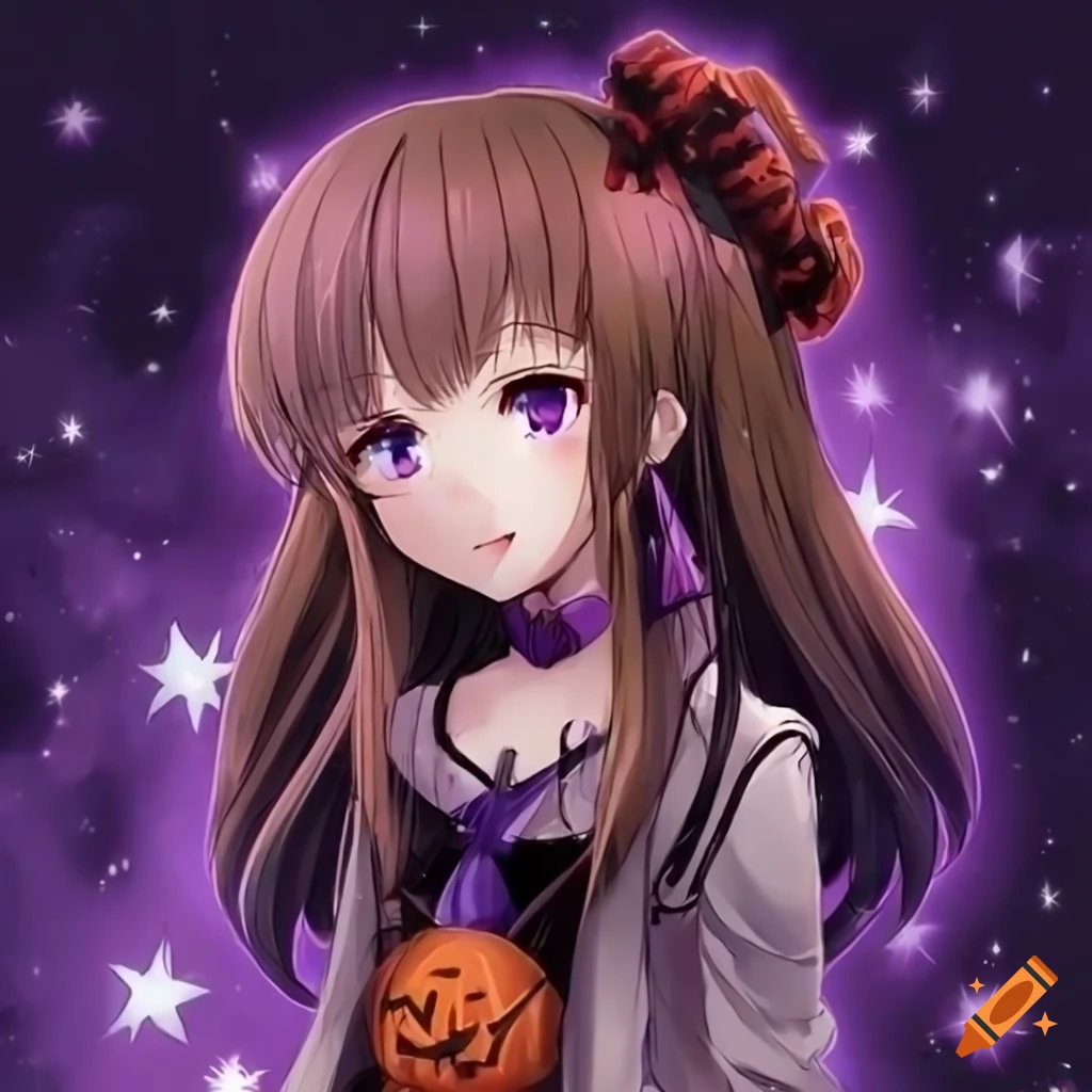Anime girl with brown hair and purple eyes in Halloween costume on Craiyon