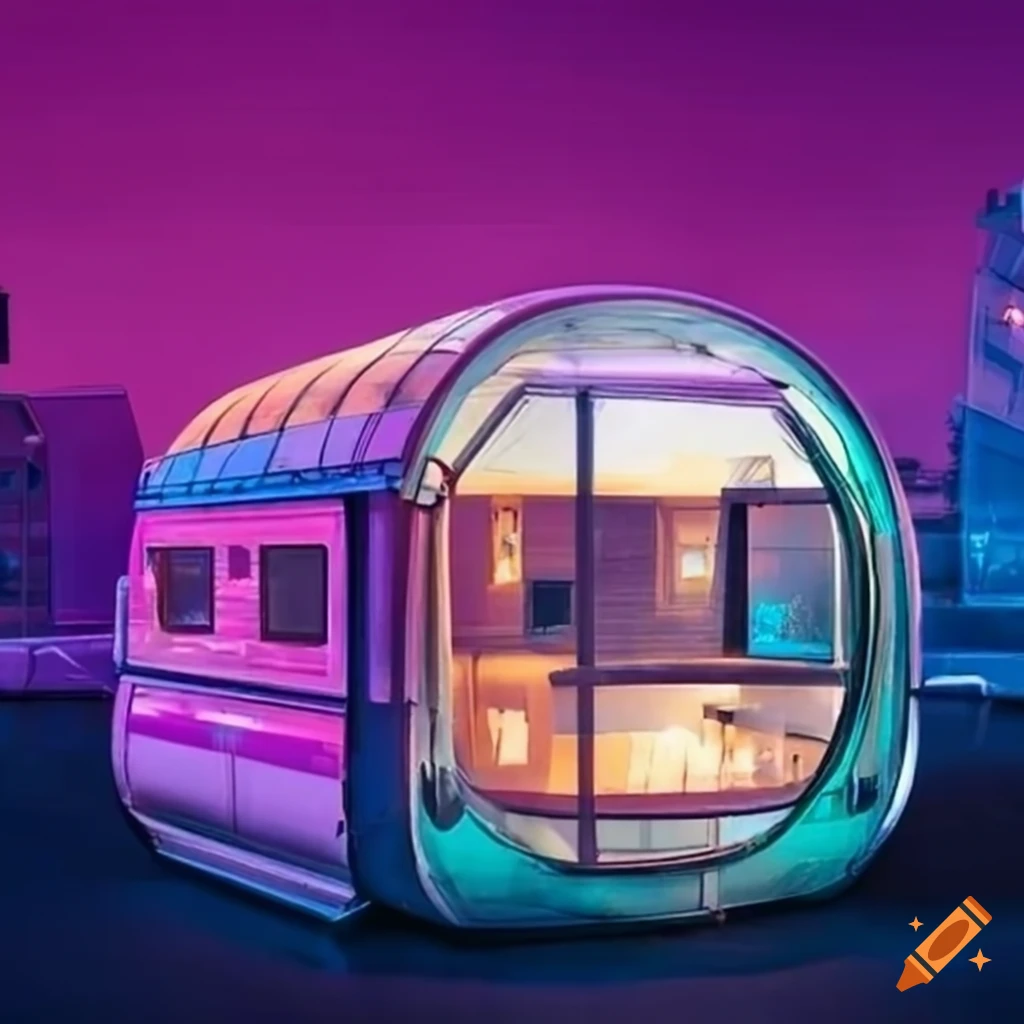 retro futuristic pod space colony structures with colored glass panels