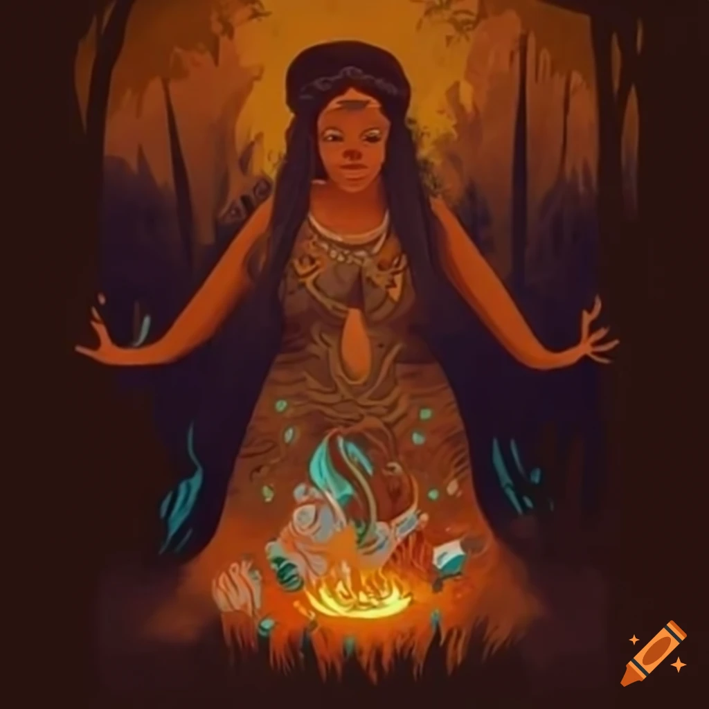 art of a family in a ayahuasca ritual in a dark forest