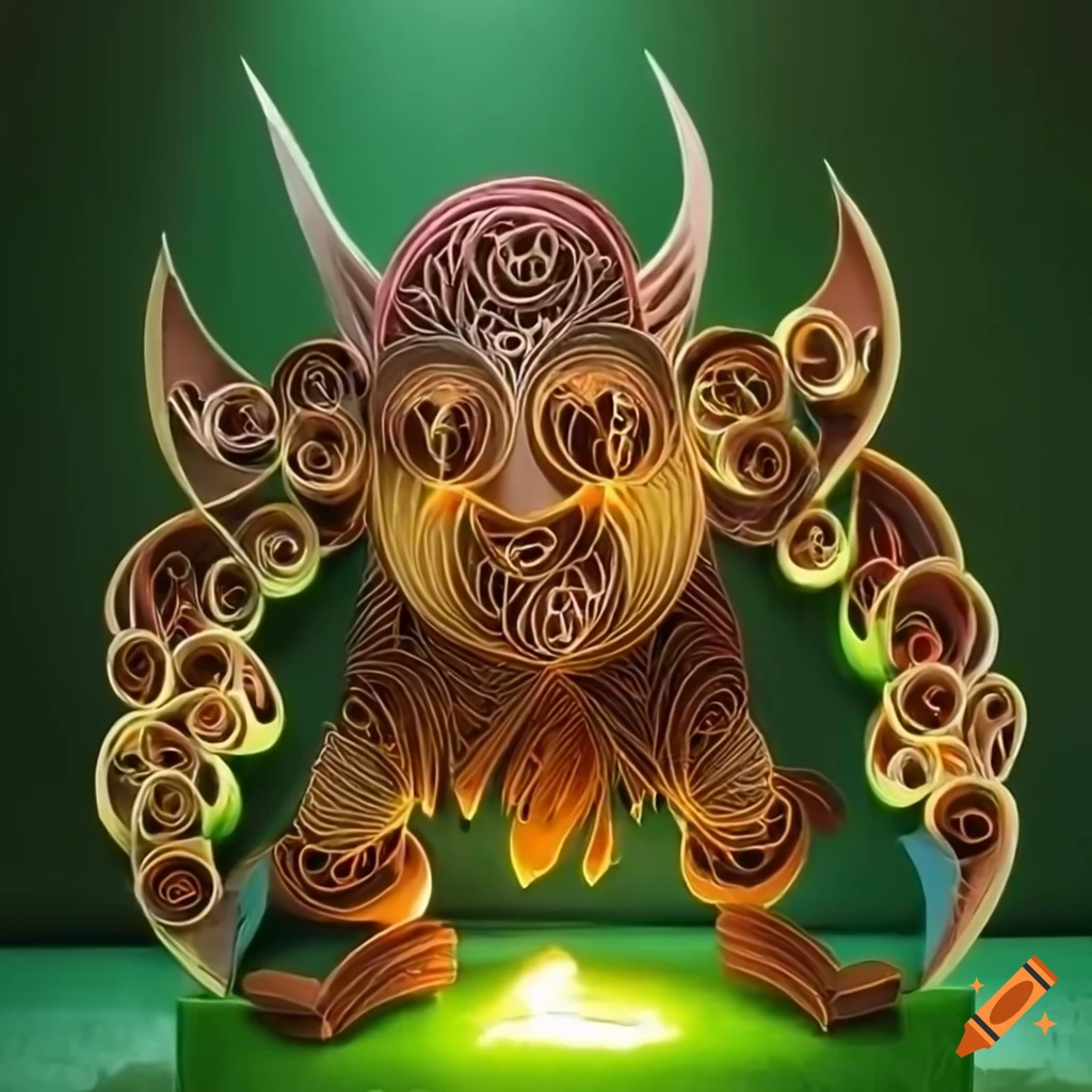 Quilling paper art of a forest goblin with a weapon