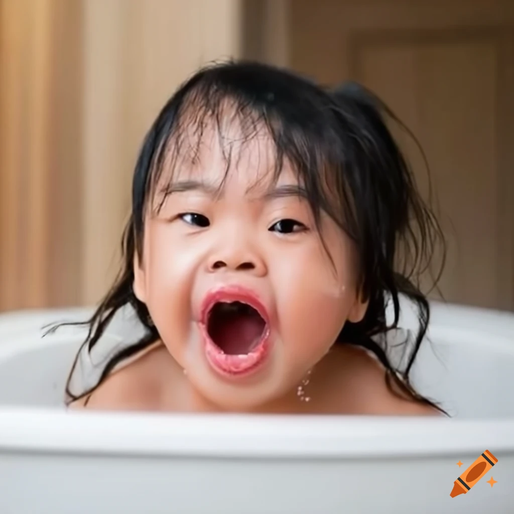 smiling Asian toddler girl enjoying bath time