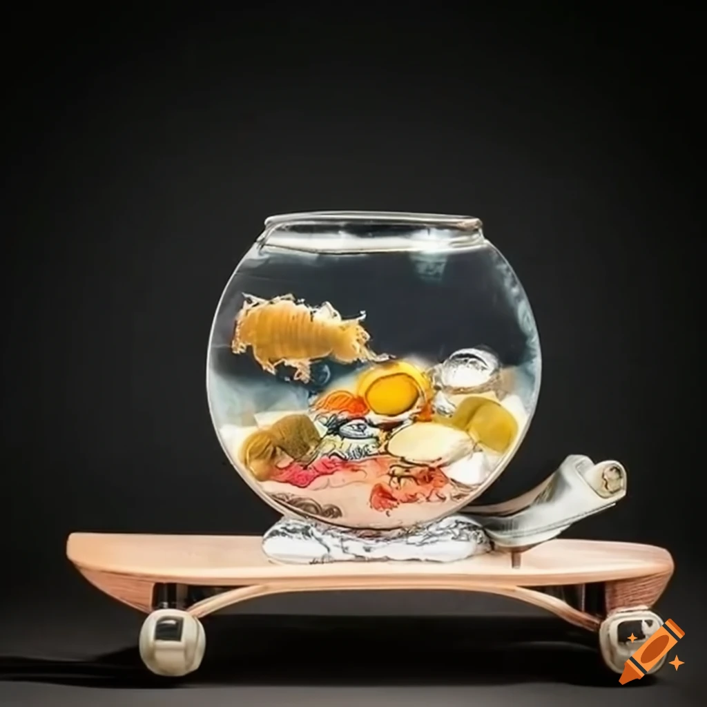 skateboard, handbag and fishbowl