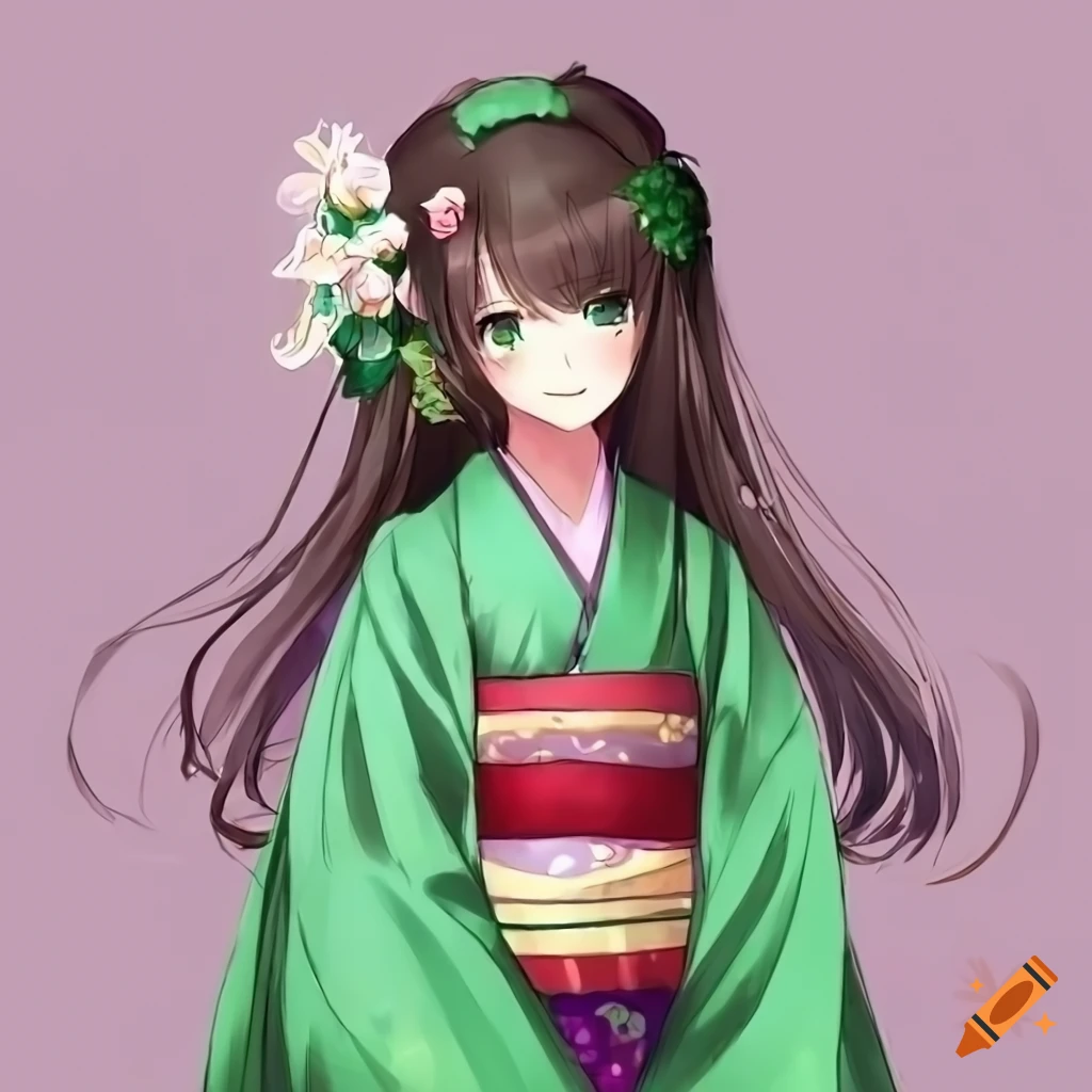 elegant anime character in a green kimono
