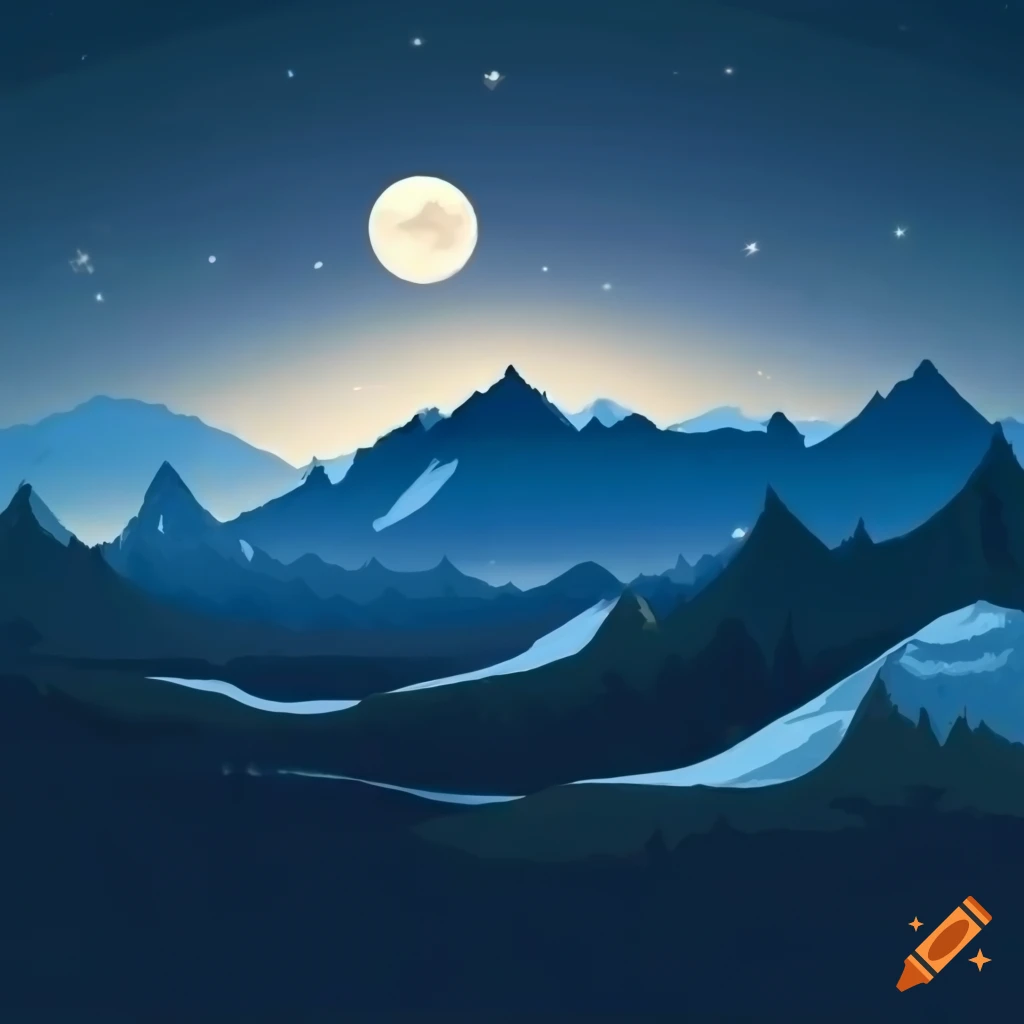 moonlit snowy mountain landscape with a forest