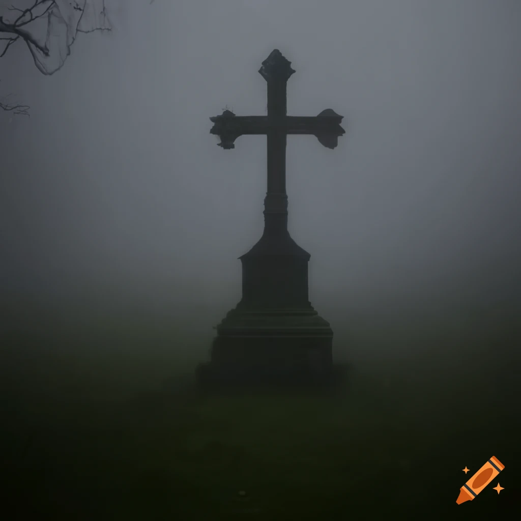 misty cross in a graveyard