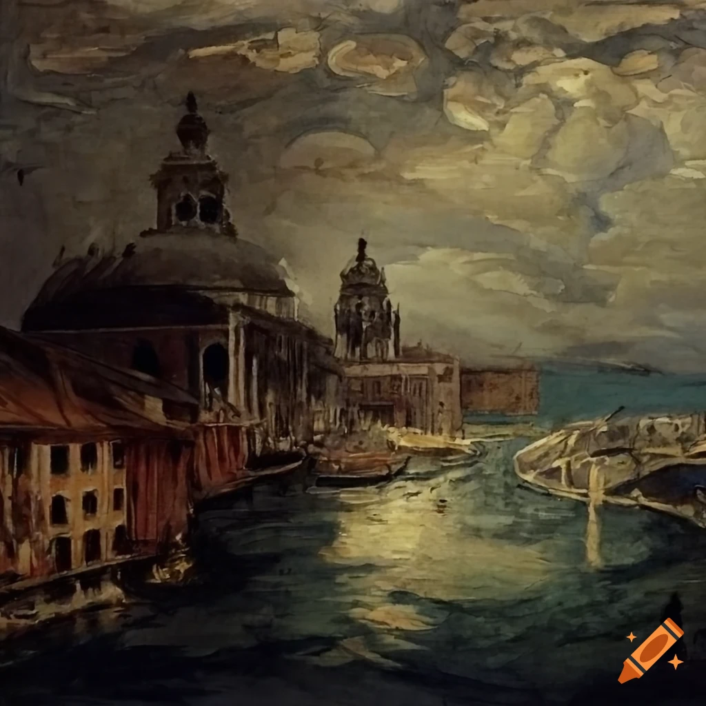 artwork of a sinking Venice inspired by Schiele, William Blake and Safet Zec