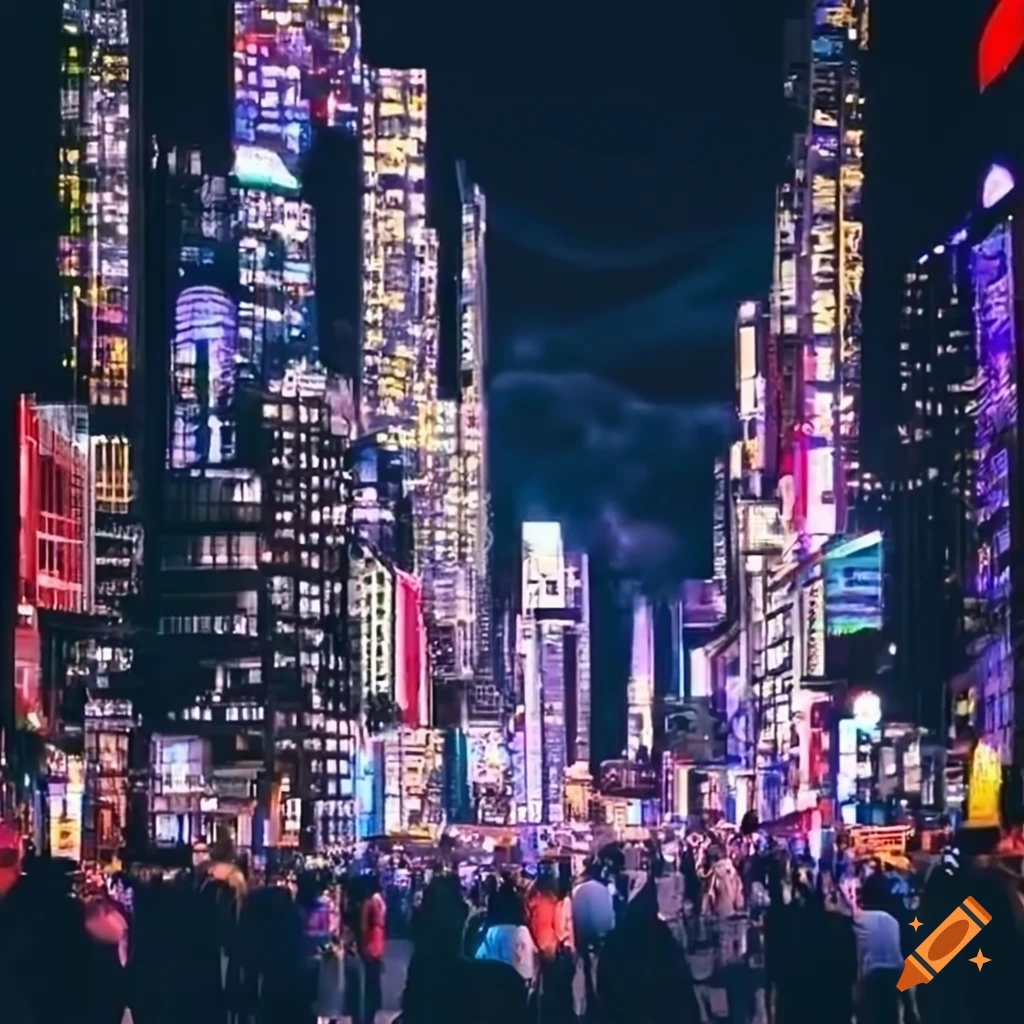 cityscape with futuristic billboards at night