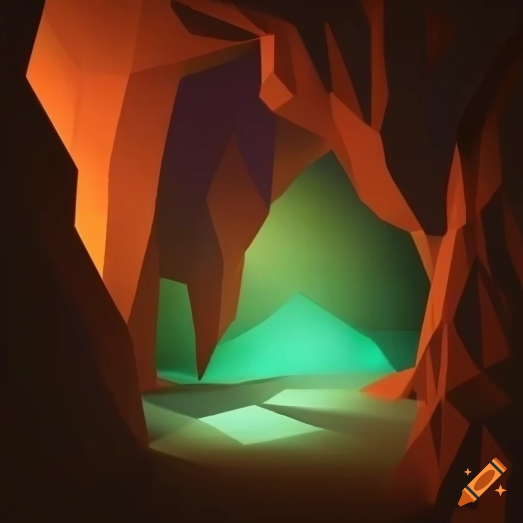 low poly cave illuminated by lights