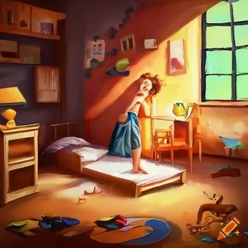 children's book illustration of a young boy's bedroom