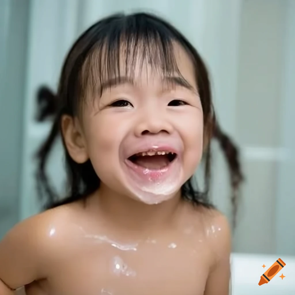smiling Asian toddler girl enjoying bath time with pigtails and a popsicle