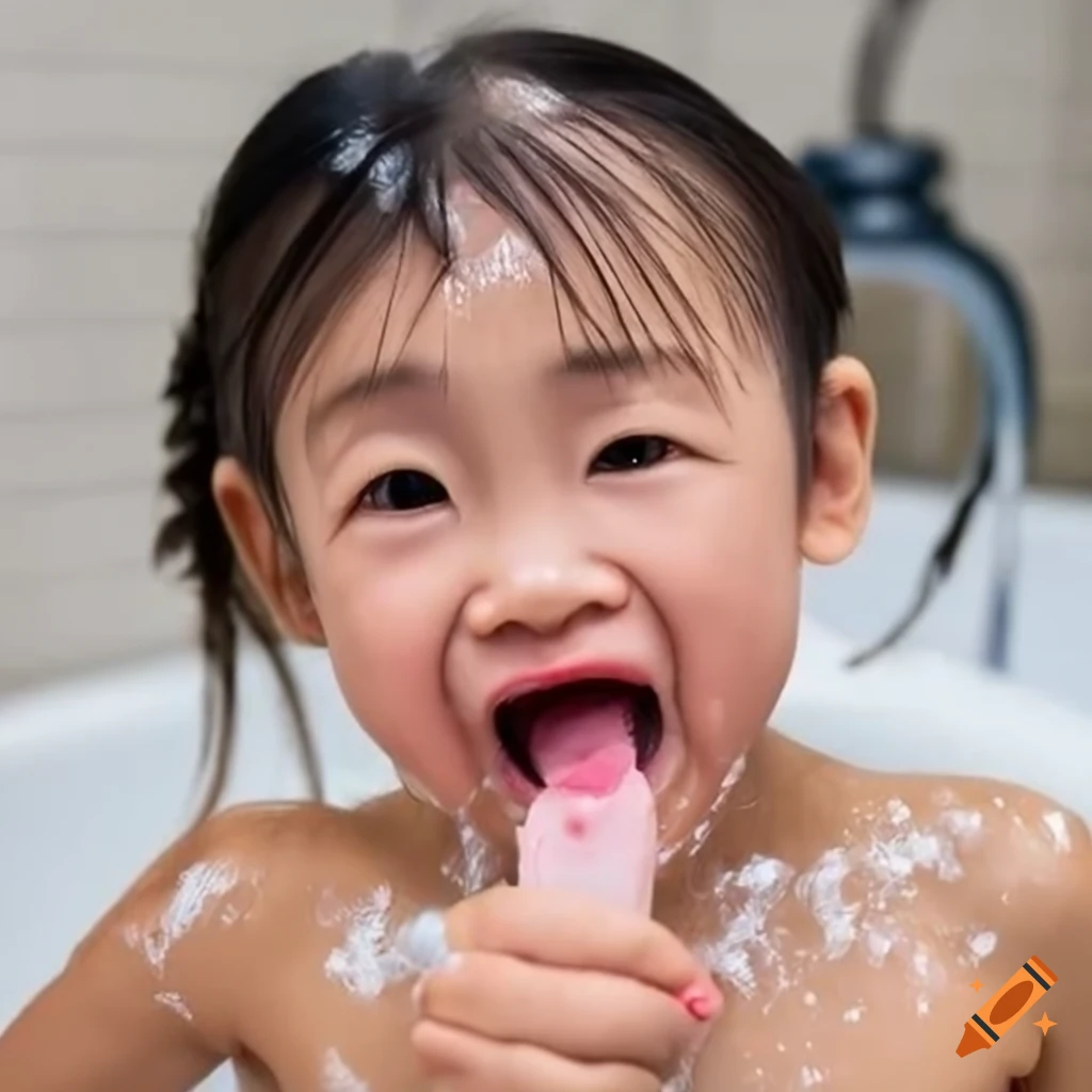 happy toddler girl enjoying bath time with popsicle