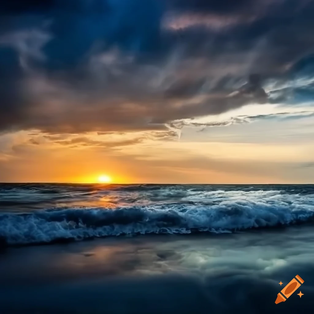 sunlight behind clouds over stormy ocean