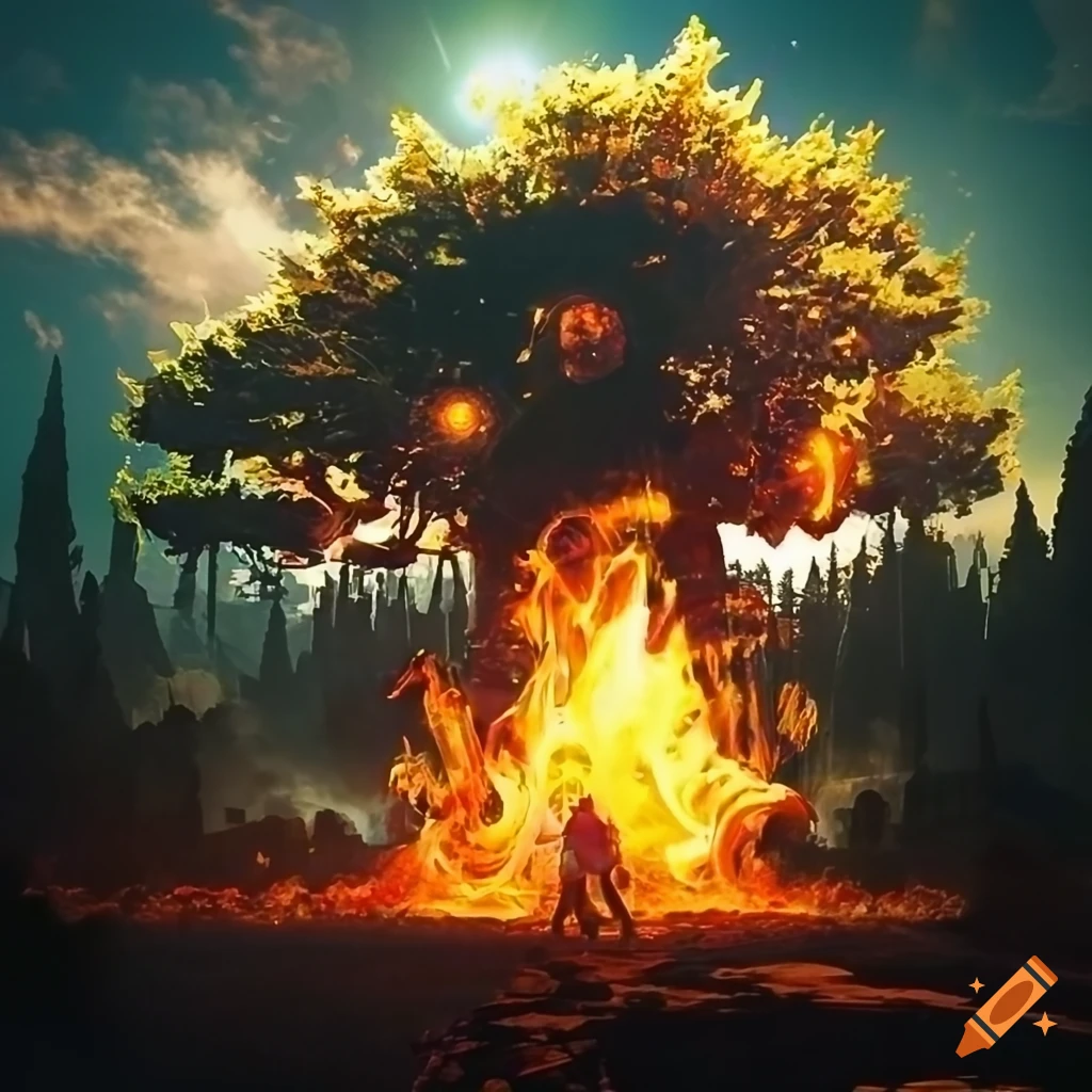 Digital artwork of a burning tree on a road