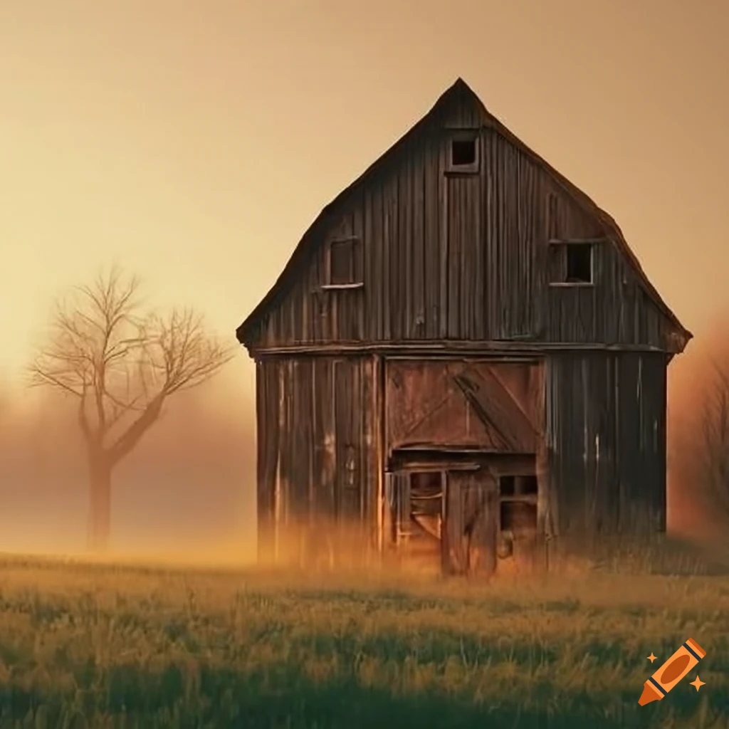 painting of an orchard with an old barn and wine press