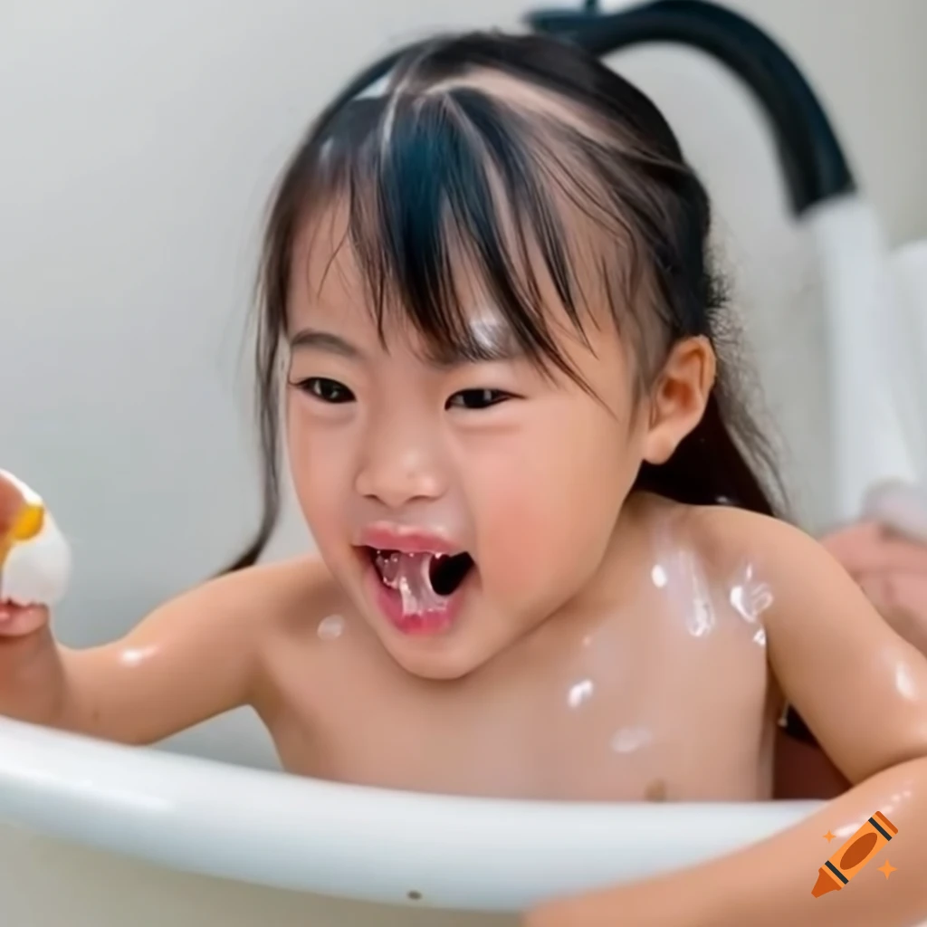 smiling Asian toddler girl enjoying bath time