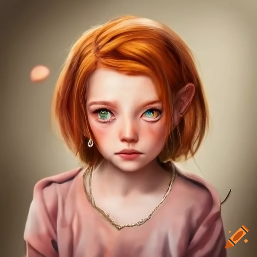Portrait of a girl with short ginger hair and a fish hook earring on