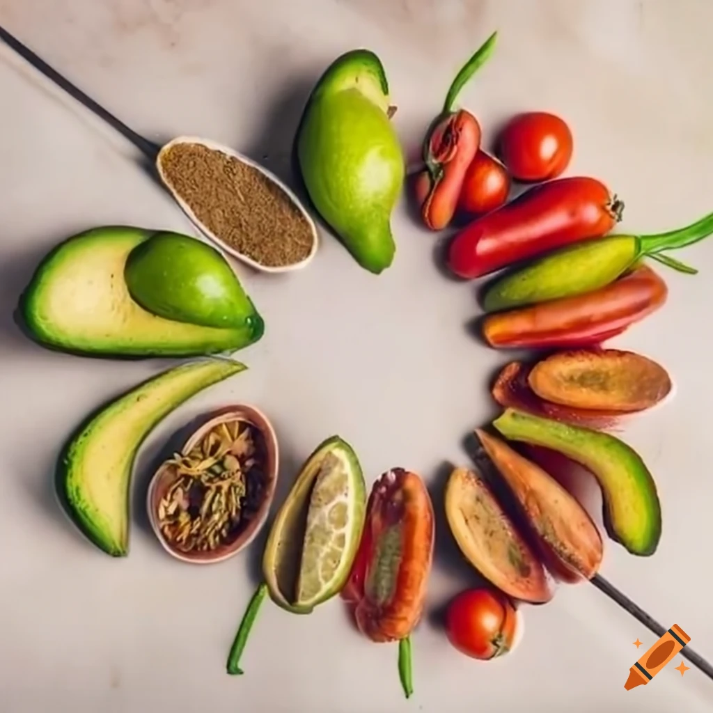 circle of Mexican spices with limes, tomatoes, and avocados