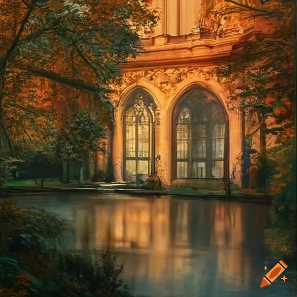 isaak levitan's painting of a victorian garden with a pond and a cathedral