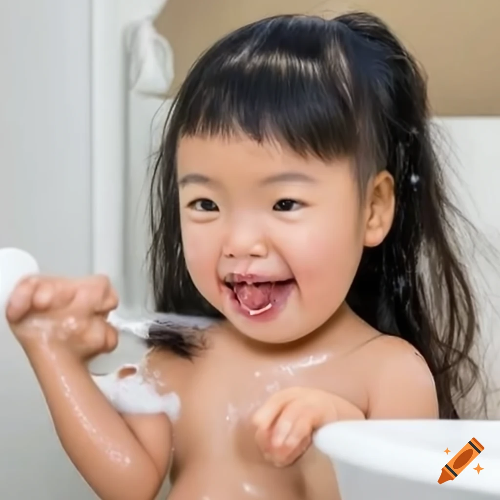 smiling Asian toddler girl enjoying bath time