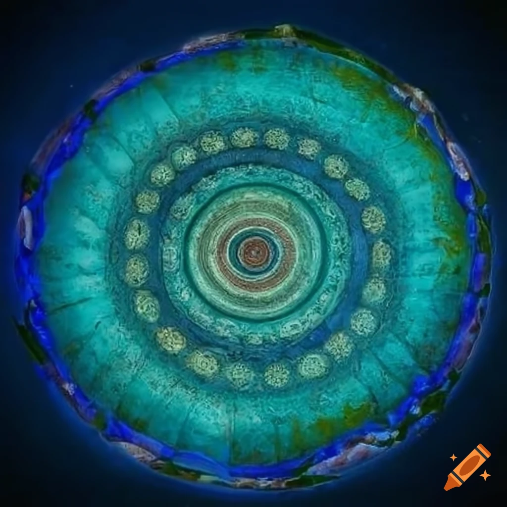vibrant depiction of an ancient patio with sea creatures and Poseidon