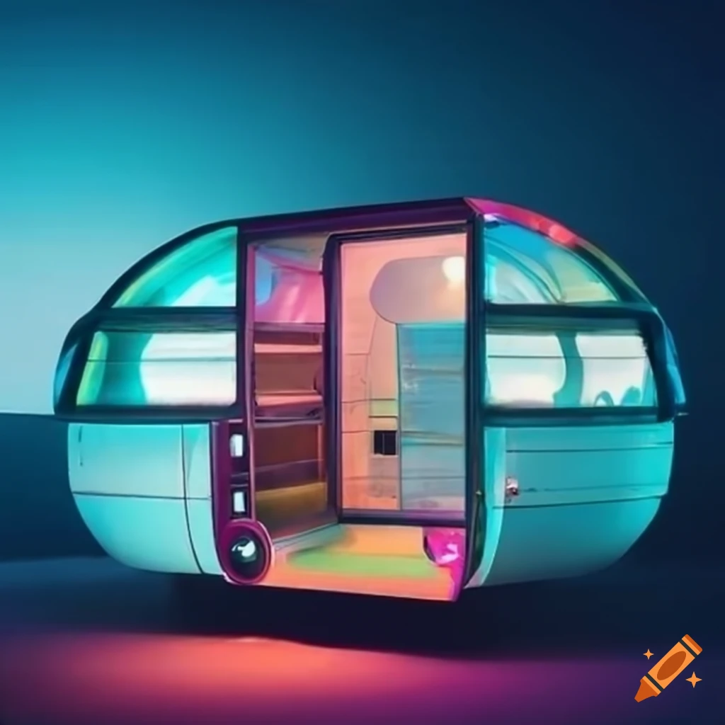 Retro futuristic pod space colony structures with colored glass panels