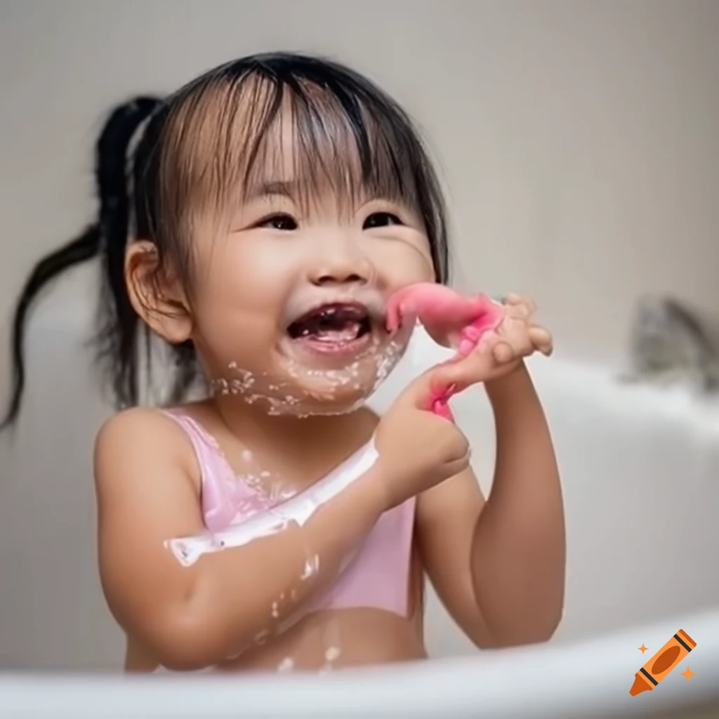 adorable Asian toddler girl enjoying bath time