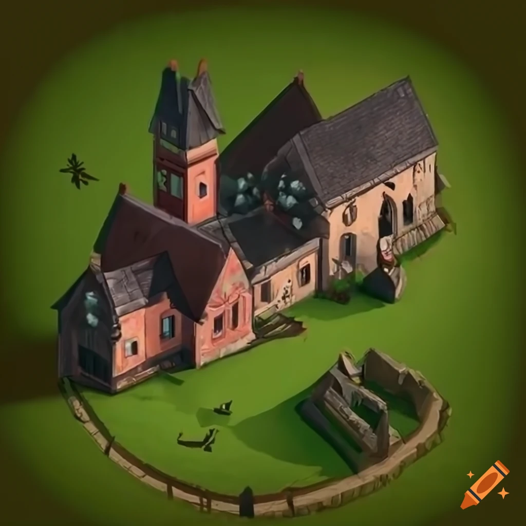 isometric view of a haunted welsh village in a strategy game