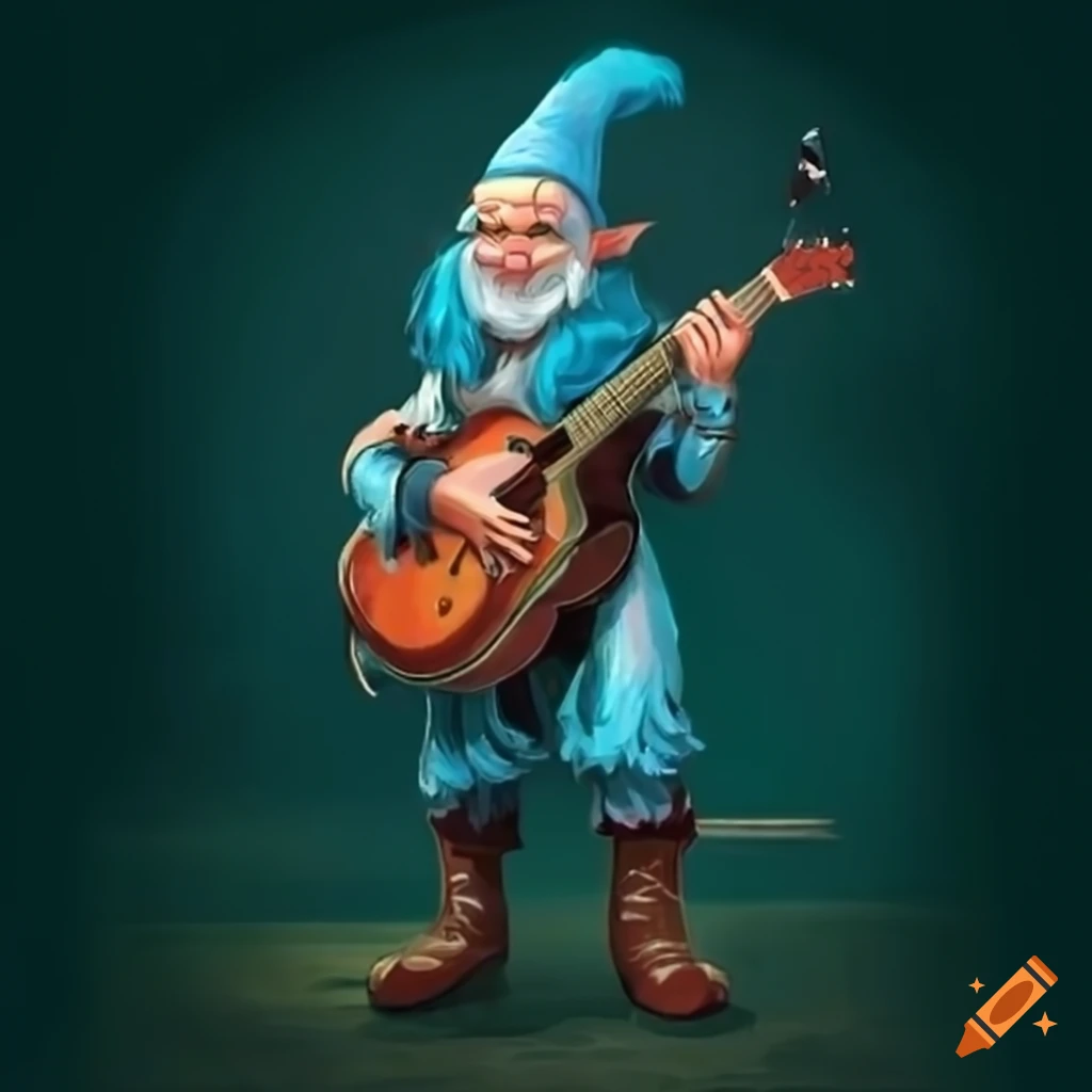 Illustration of a bluehaired gnome bard playing guitar on Craiyon