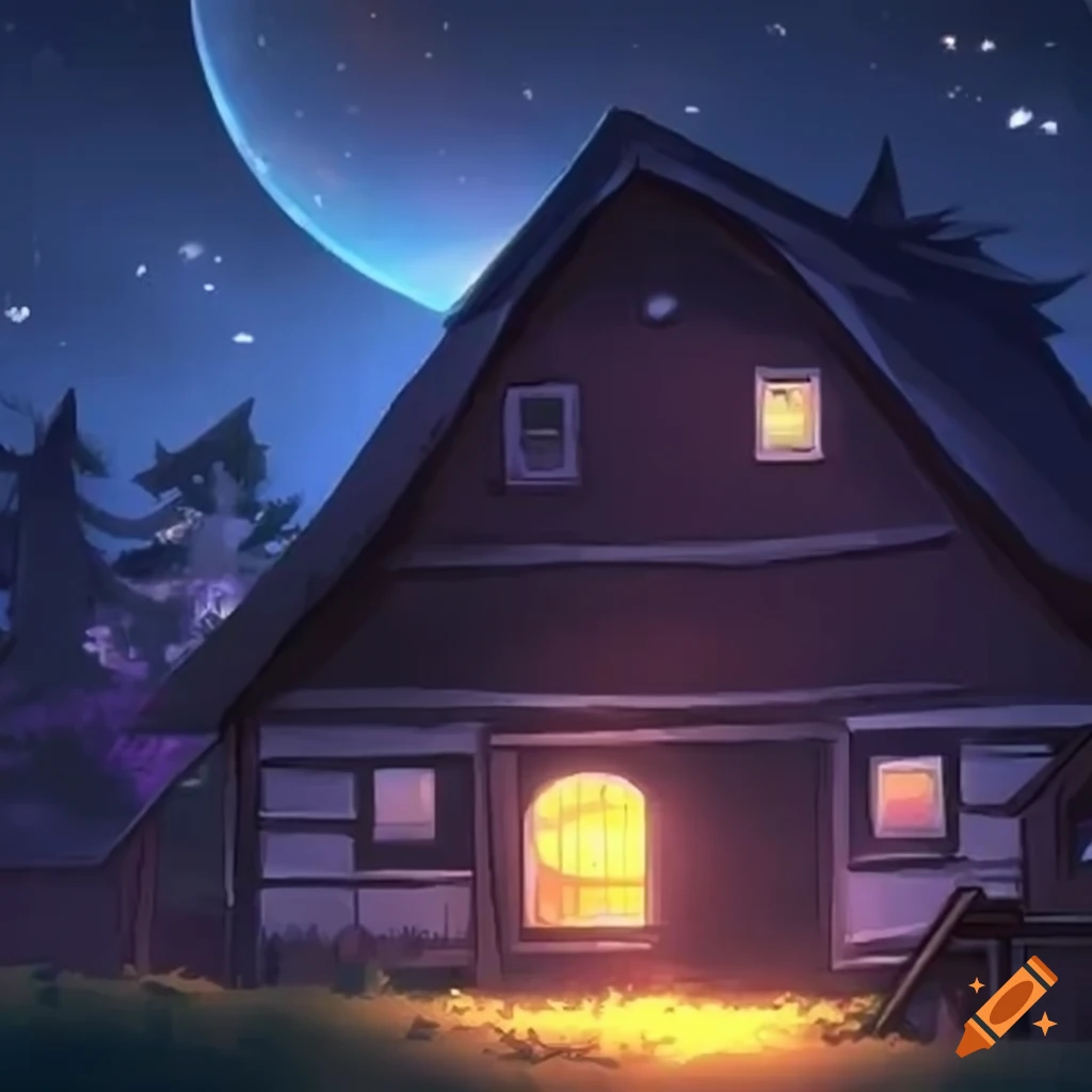 anime farmhouse at night under a starry sky