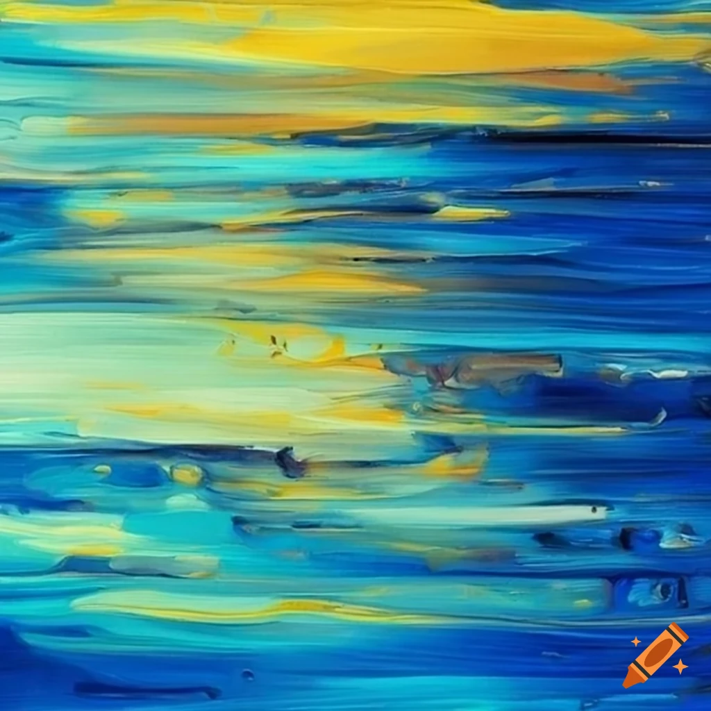 abstract acrylic painting of tilted sailboats in blue and yellow
