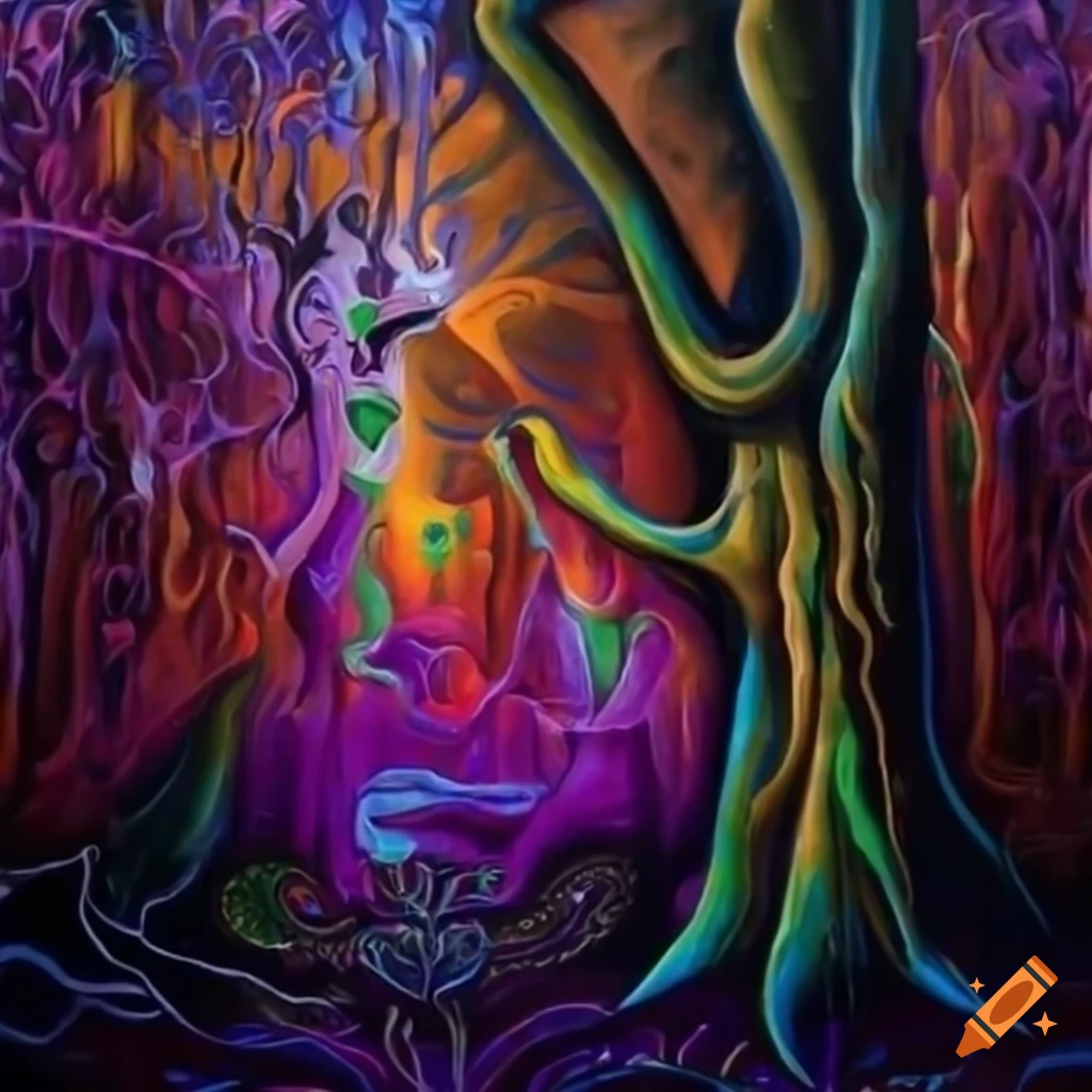 pintura a óleo da família em um ritual de ayahuasca na floresta