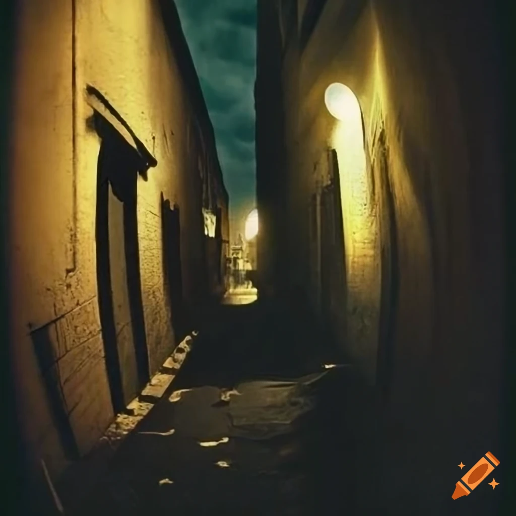 Noir silhouette in a dark alley at night on Craiyon