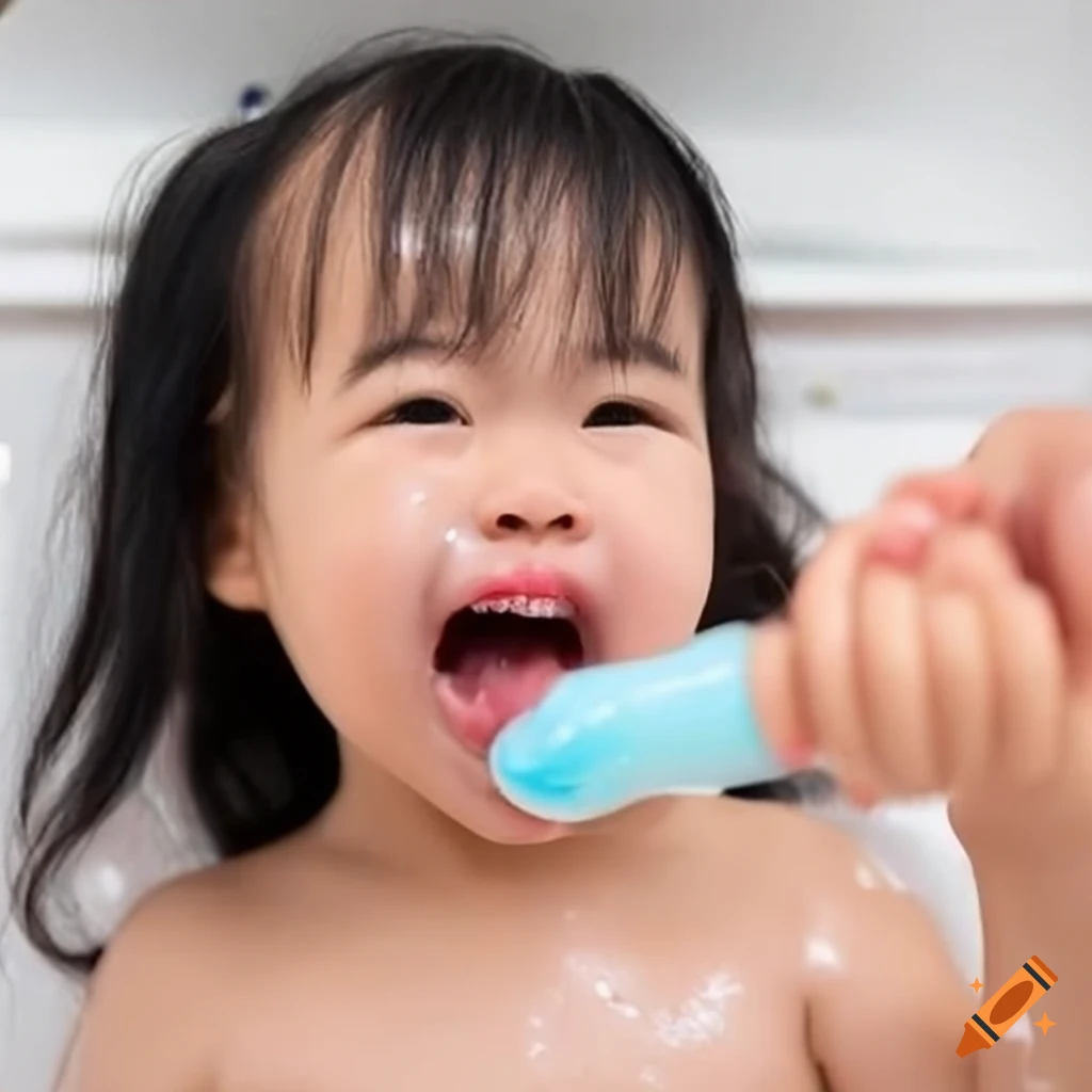 asian toddler girl enjoying bath time with a popsicle