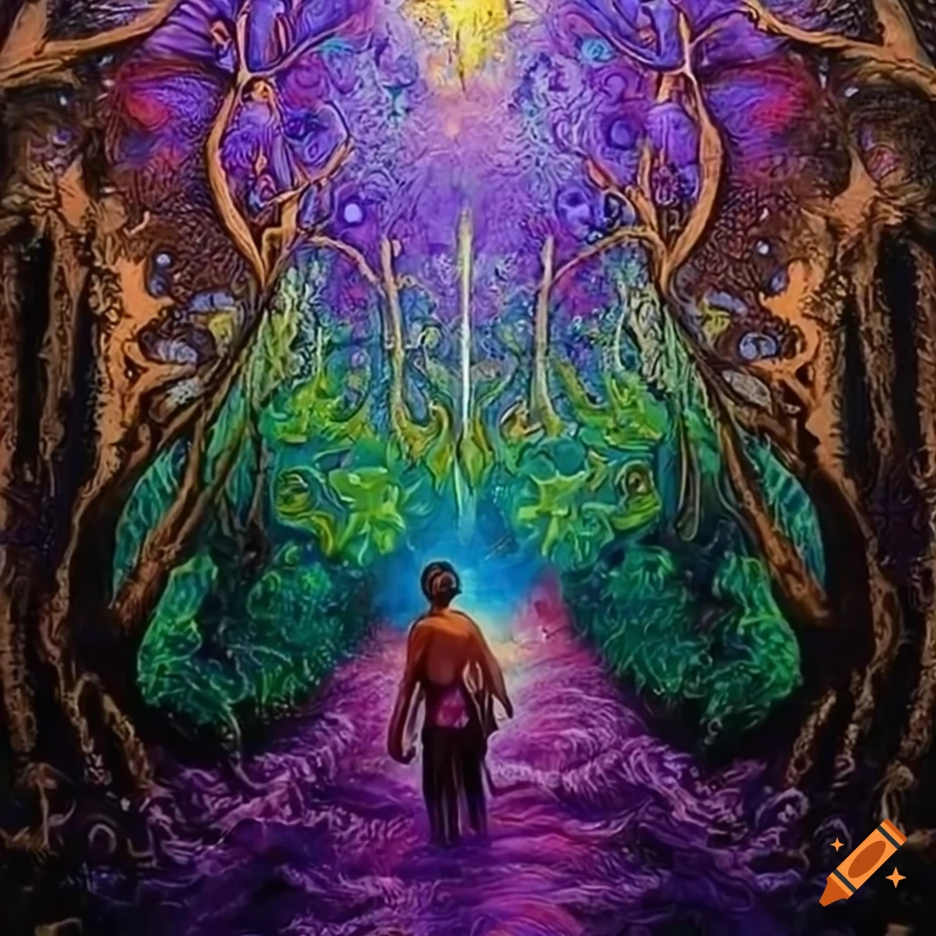 pintura a óleo da família em um ritual de ayahuasca na floresta
